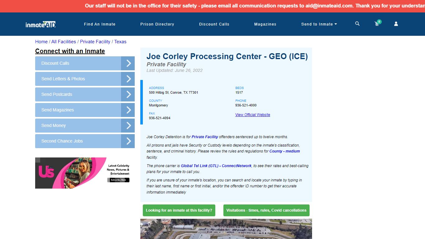 Joe Corley Processing Center - GEO (ICE) - Inmate Search ...